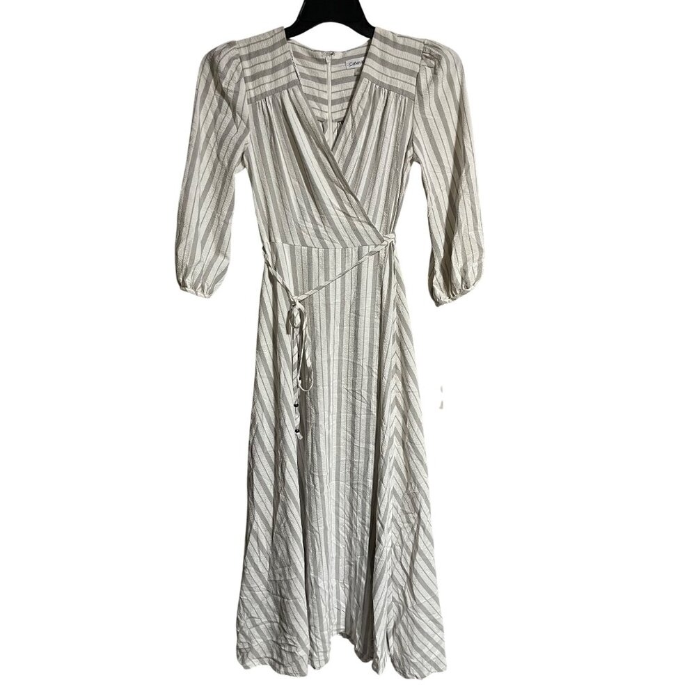 Calvin Klein Womens Striped Midi Faux Wrap Dress Size 2 White Gray Stripes